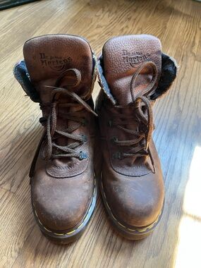 Dr. Martens Brown Leather steal  toe Lace-Up Boots with Yellow Welt Stitching